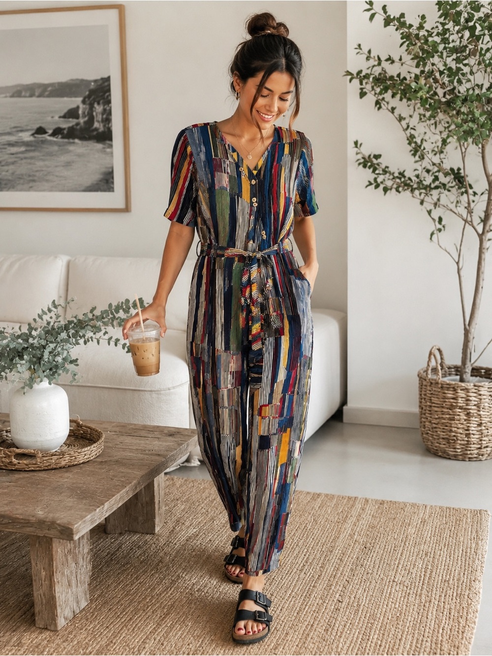 Colors of Earth  Abstract Stripe Tie Waist Jumpsuit NWT Medium Boho Wide Leg